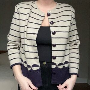 Vintage 80s 90s Classic Button Down Striped Art Deco Sweater Tan Navy Cardigan